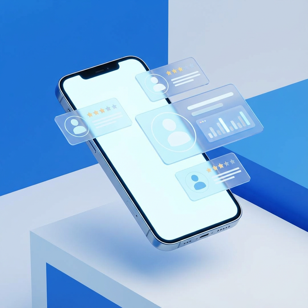 3D render of a smartphone with glowing digital profile cards on a clean blue and white background.