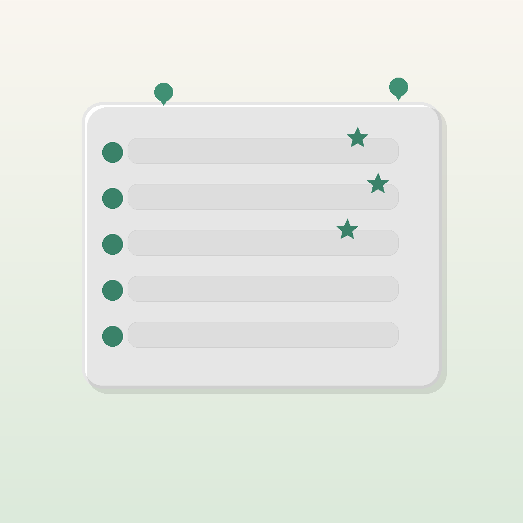 Ein modernes 3D-Board mit Sternen und Standort-Pins auf einem weichen Verlaufshintergrund.