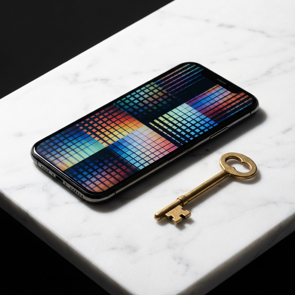 A smartphone next to a golden key on a white desk, symbolizing access to free digital content.