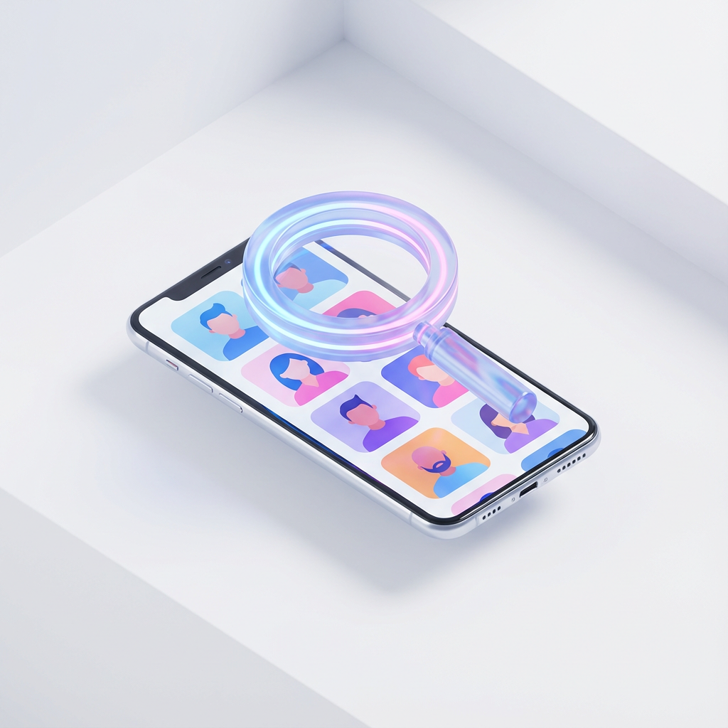 3D magnifying glass over a smartphone with profile icons, symbolizing an optimized search for content creators.