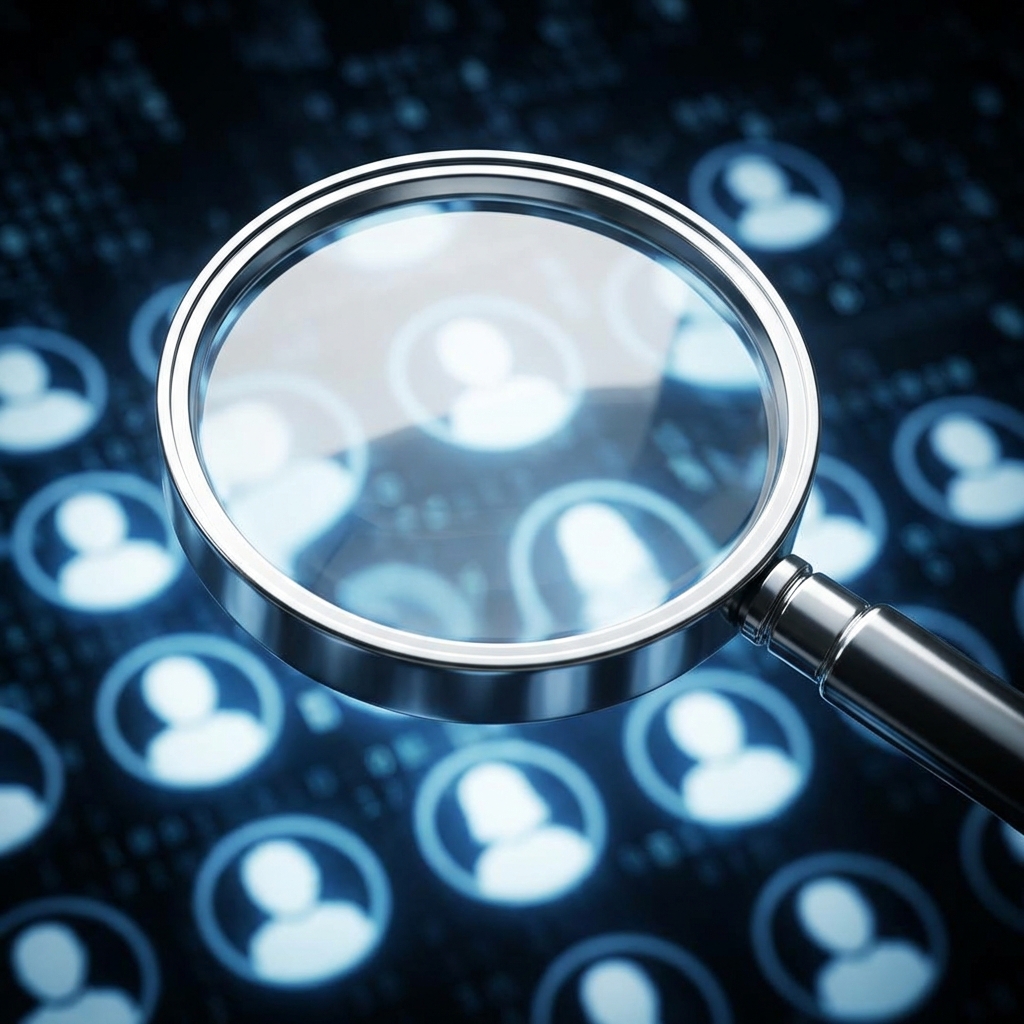 A modern magnifying glass focusing on a digital grid of profile icons, symbolizing advanced creator search techniques.
