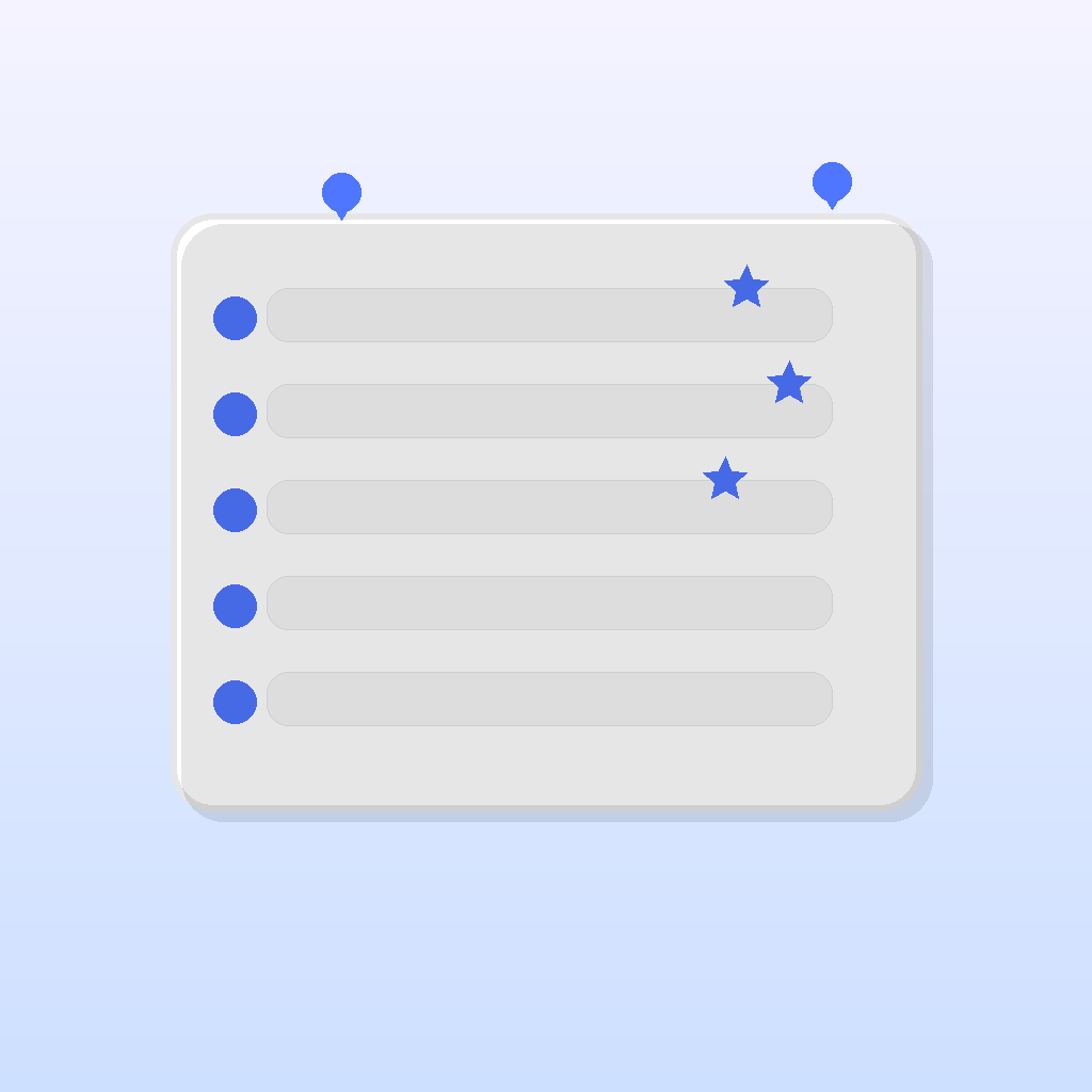 A modern 3D shortlist board with stars and location pins on a soft gradient background.