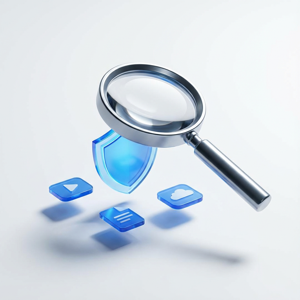 A 3D magnifying glass and digital shield symbolizing a safe search for free content subscriptions.