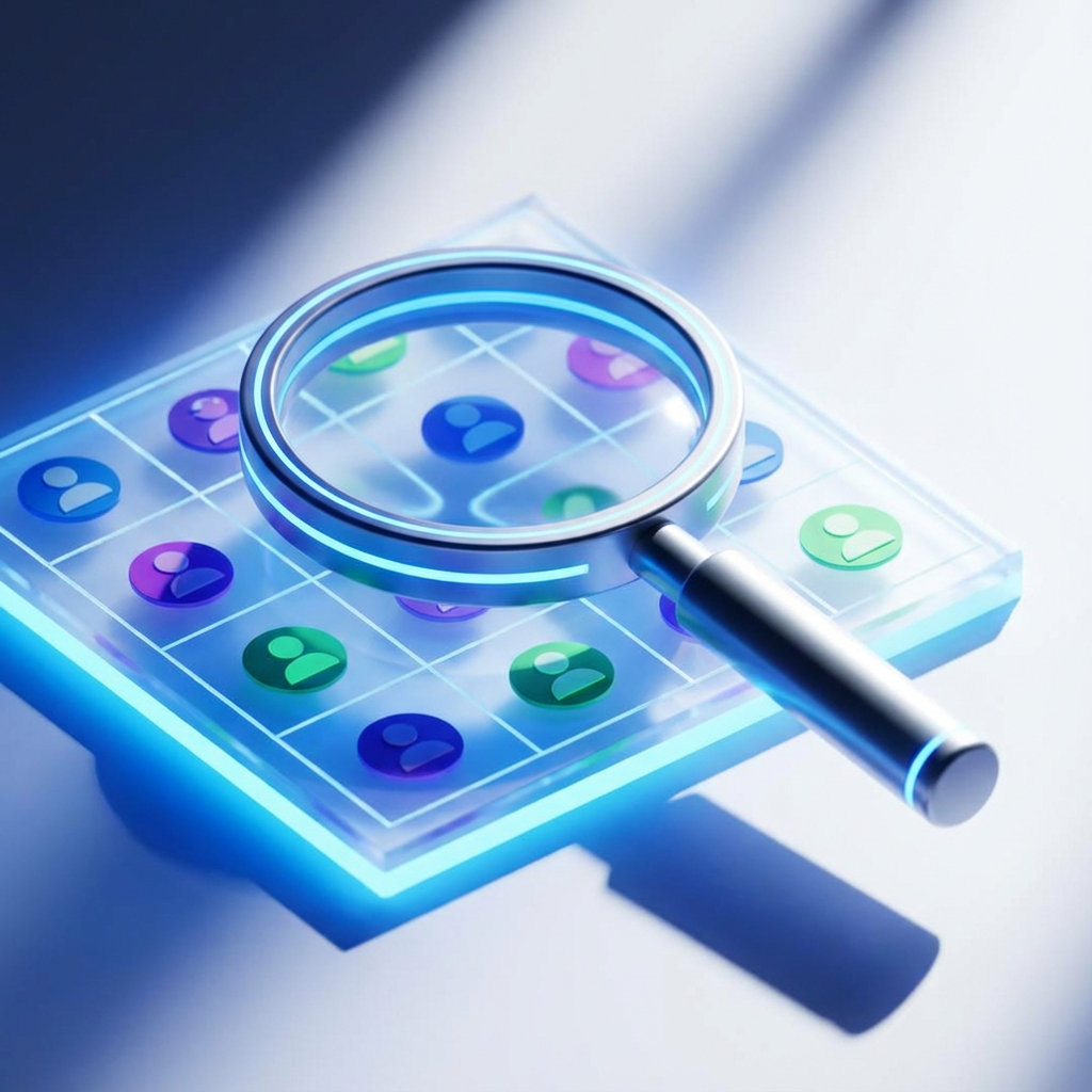 A magnifying glass focusing on a digital grid of profile icons, representing a creator directory search.