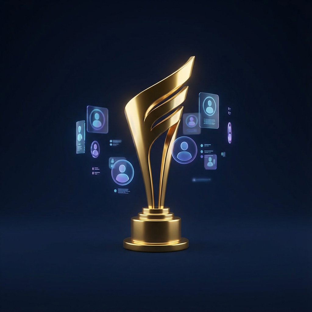 A golden trophy surrounded by floating digital profile icons on a modern blue background.