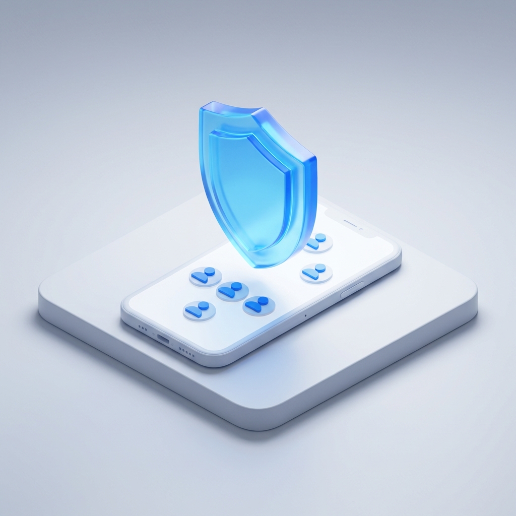 3D illustration of a security shield protecting a smartphone with profile icons, representing safe browsing.