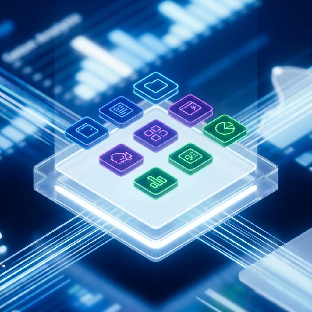 A modern 3D digital directory interface with glowing category icons representing an organized creator index.