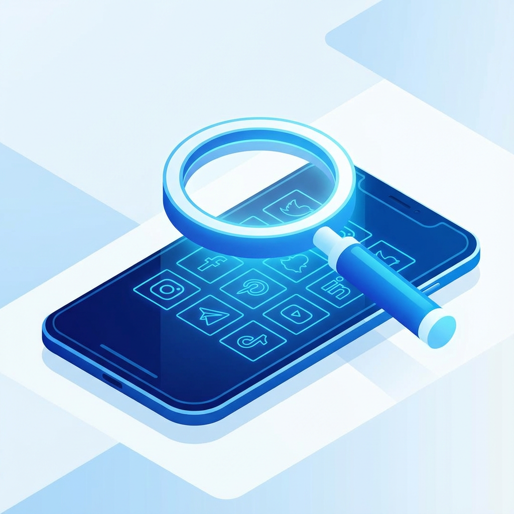 Magnifying glass over a smartphone showing social media profiles, symbolizing a search for online creators.