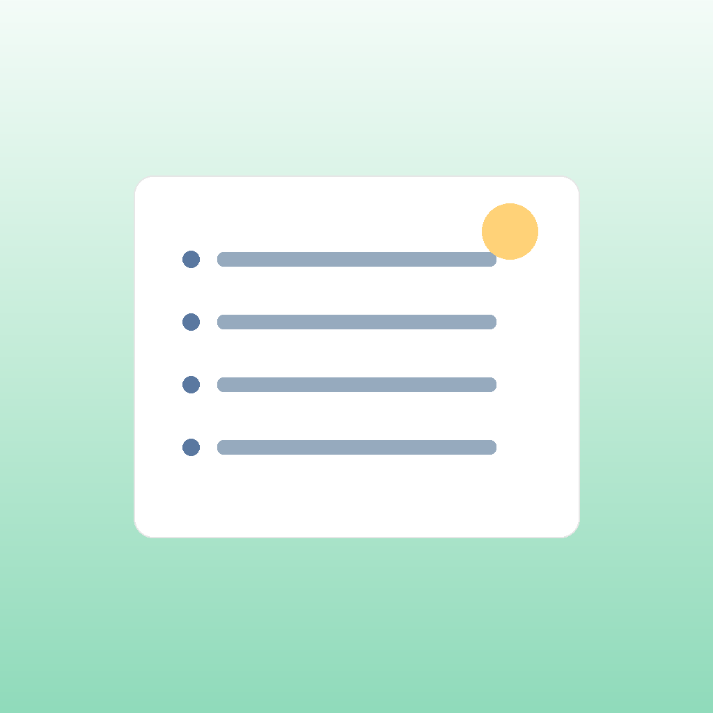 Una tarjeta 3D de lista de verificación con iconos simples sobre un fondo degradado suave.