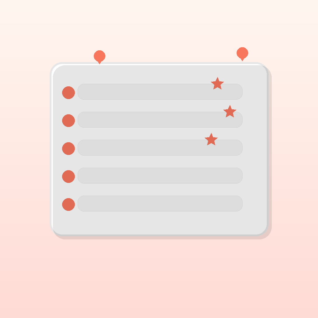Un tablero 3D de lista corta con estrellas y pines de ubicación sobre un fondo degradado suave.