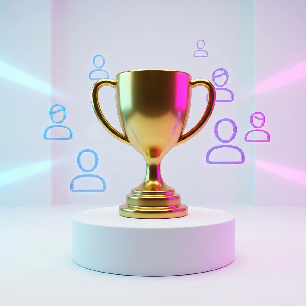 A gold trophy on a pedestal with holographic profile icons, representing a ranking of top free content creators.