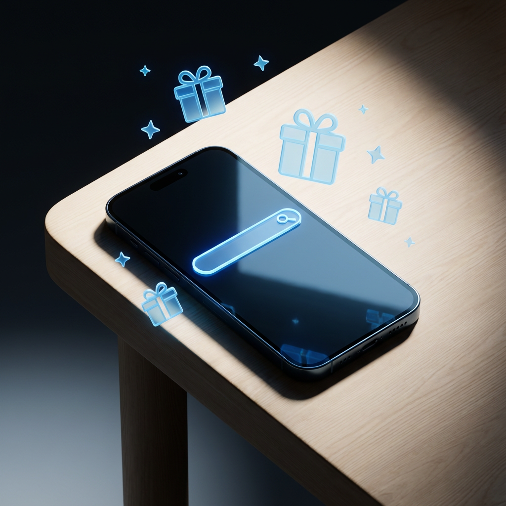3D smartphone with a glowing search bar and gift icons, representing a guide to finding free content.