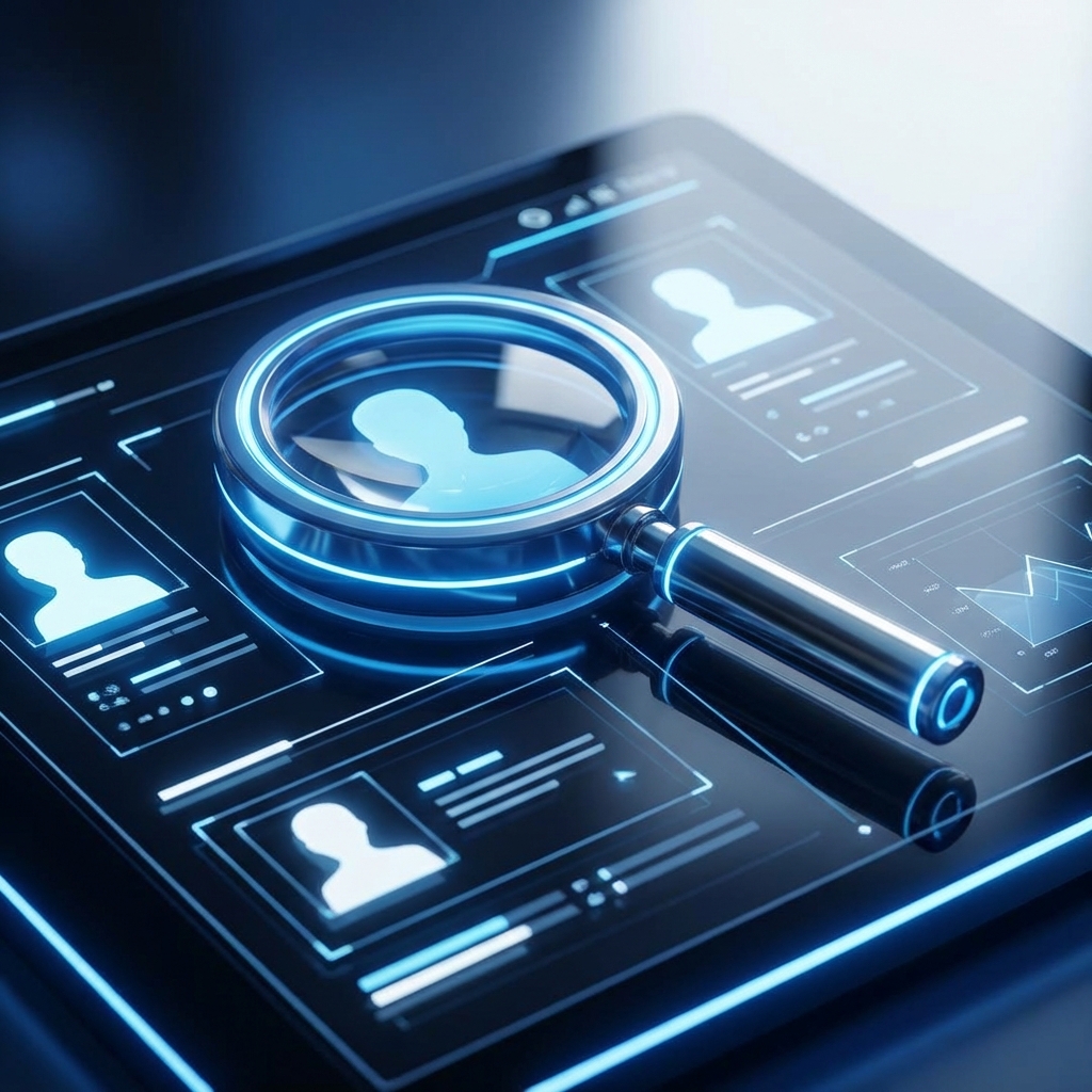 3D magnifying glass hovering over digital profile icons, representing an OnlyFans creator search tool.