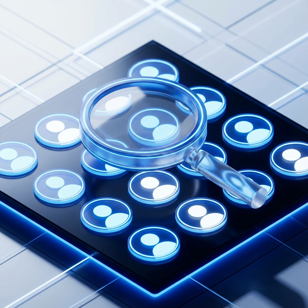 Minimalist 3D magnifying glass scanning a digital grid of profile icons, representing an online creator directory.