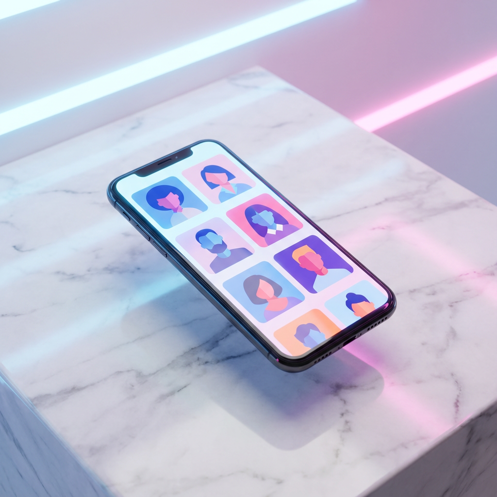 A modern smartphone displaying abstract profile icons with vibrant neon lighting on a clean background.