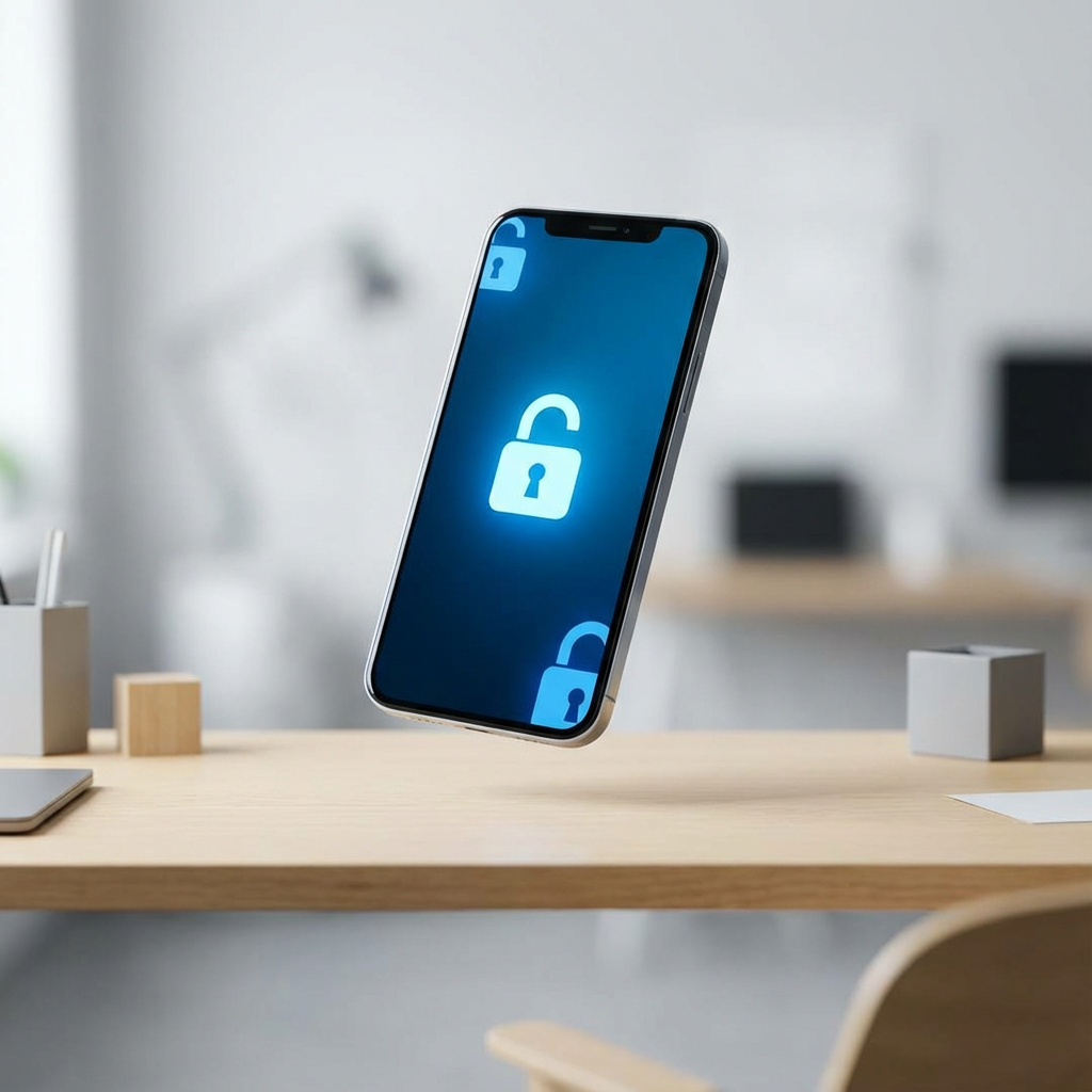Modern smartphone with unlocked padlock icons on a clean, minimalist background representing free access.