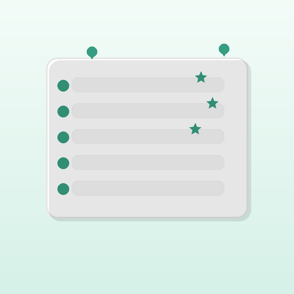 Una lavagna 3D di lista breve con stelle e pin di posizione su sfondo sfumato.