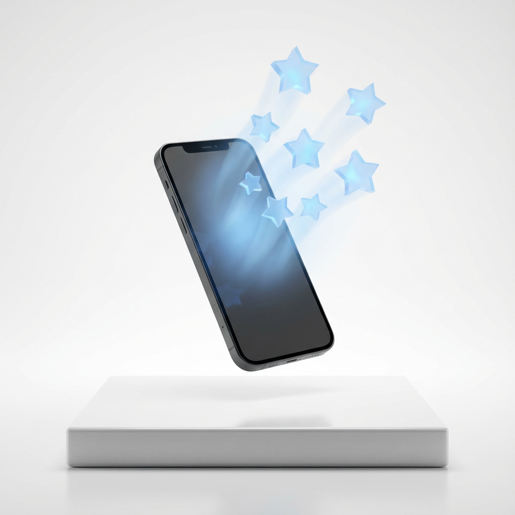 A modern smartphone with glowing holographic stars on a clean white background, representing top-rated free profiles.