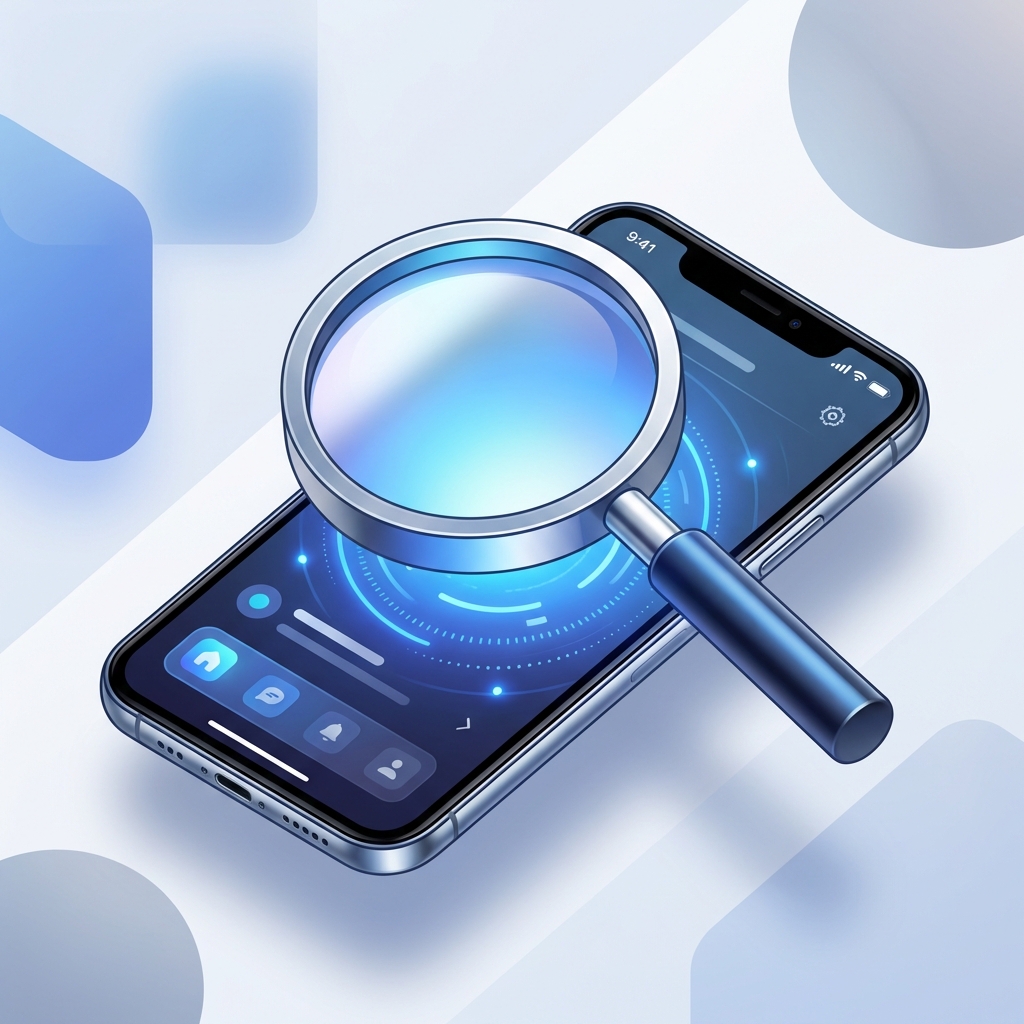 3D magnifying glass over a smartphone screen representing search tools and filters for finding digital creators.