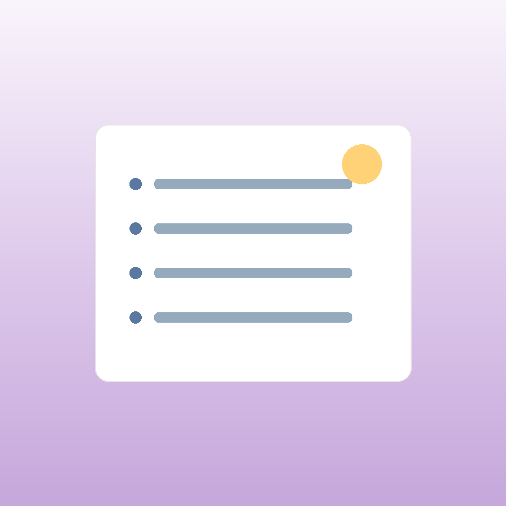 Una scheda 3D con checklist e icone semplici su uno sfondo sfumato e morbido.